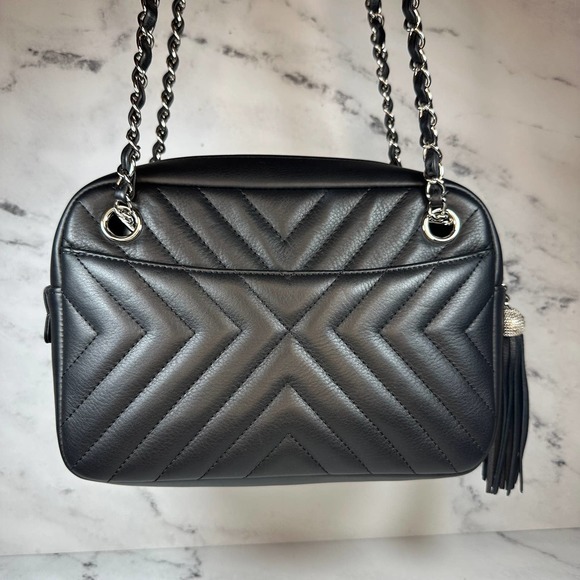 Chanel Chevron Camera Case Bag CC Black Diagonal Shoulder Purse Handbag Silver - Picture 3 of 16
